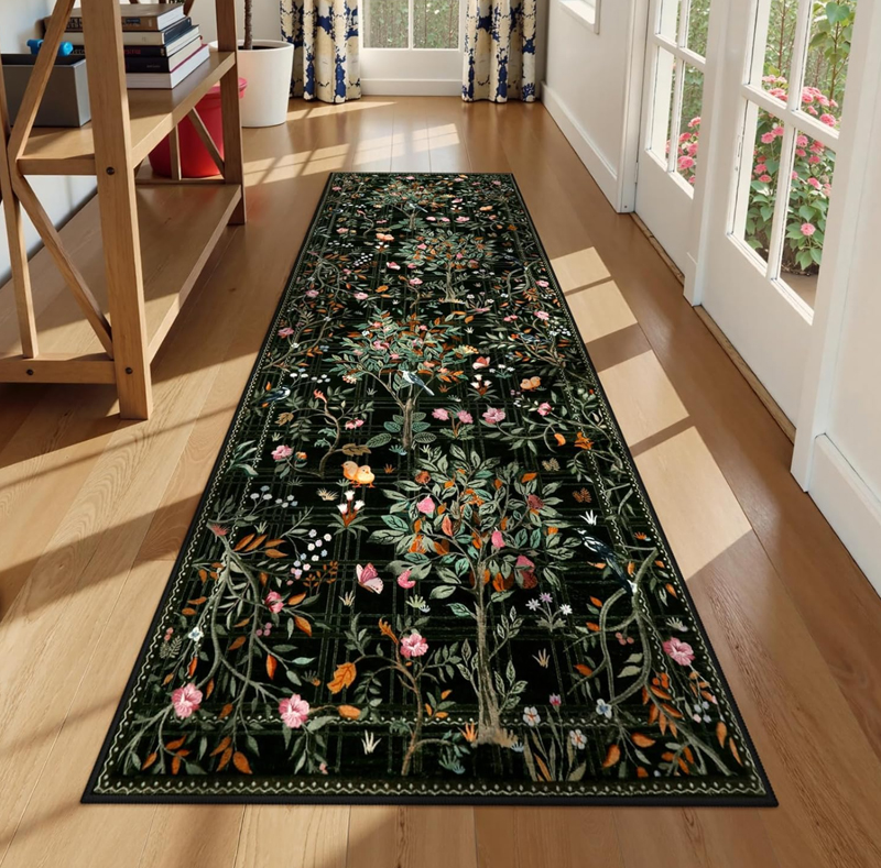 Commercial Kitchen Floor - Elegant Dark Base Floral Long Runner